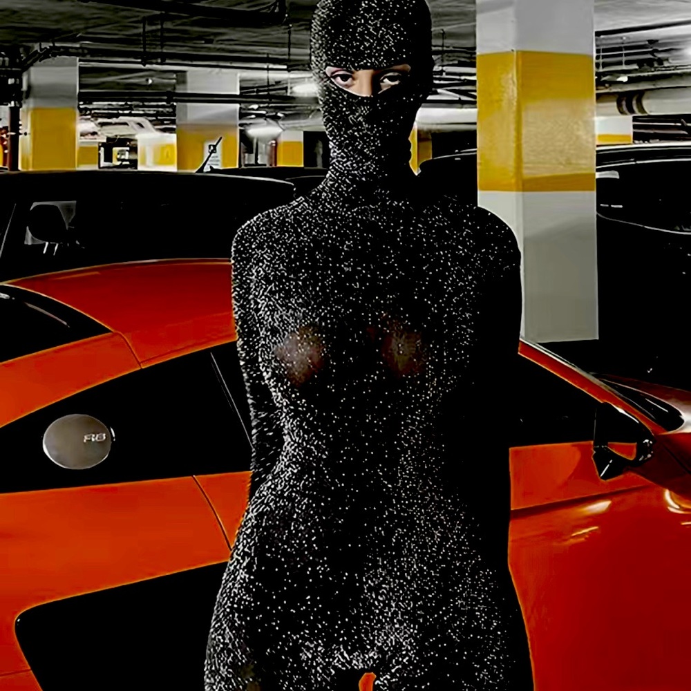 Black sparkle jumpsuit with mask